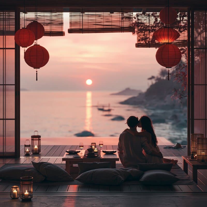 A couple watching the sunset over the sea from a terrace with lanterns