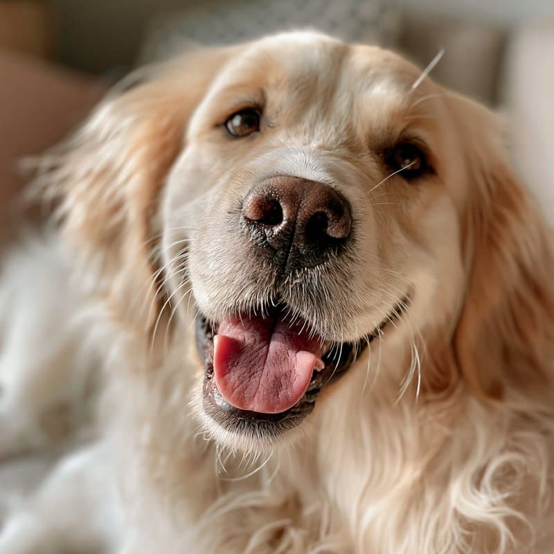 A golden retriever with its tongue out